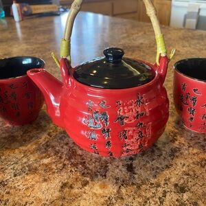 Artisan Red Teapot Set with Bamboo Handle